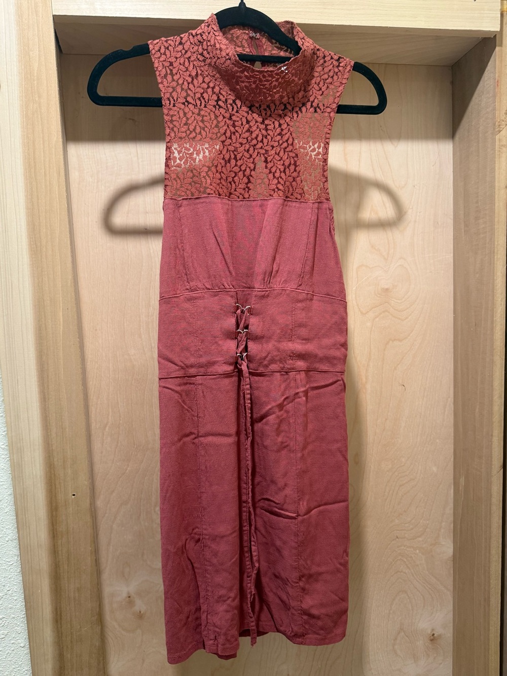 Free People Dusty Coral Lace Yoke Midi Dress Size Medium